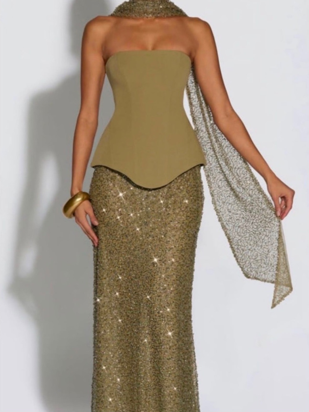 Strapless Olive Gold Sequin Evening Gown Two Piece